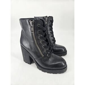 Ash Poker Combat Chunky Heel Black Leather Zip Up Lace Up Boots Sz 38 US 7.5